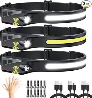 Headlamp Rechargeable 3Pack, LED Headlamp Flashlight with Motion Sensor, 230° COB Wide Beam Head Lamp, 5Mode Head Lights for Forehead Waterproof, Bright Headlamps for Adults Running Camping